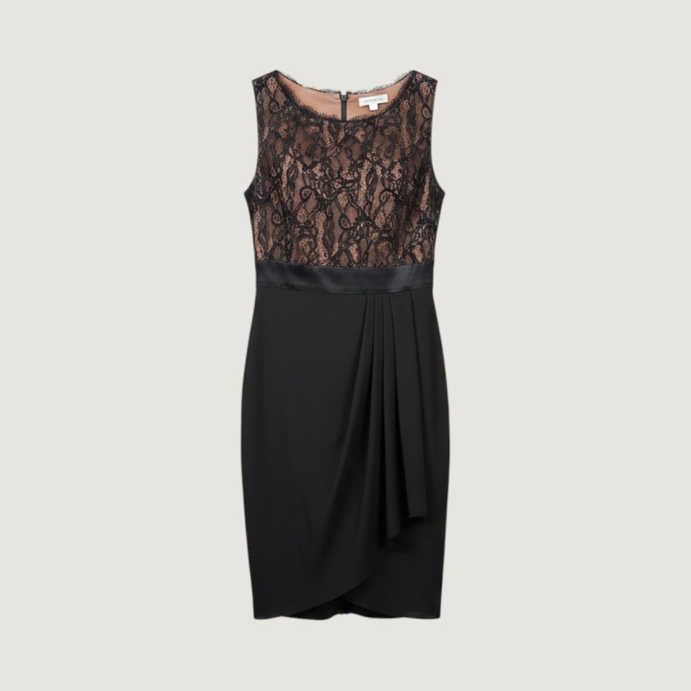Suzi Chin for Maggy Boutique Brown Sheath Dress‎ Black Eyelash Lace Trim Size 8